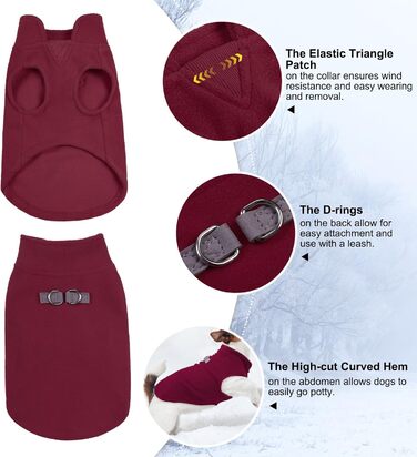 Тепла жилетка для собак BeautyZoo з капюшоном та кільцем для повідка – теплий одяг для маленьких та середніх собак, бургундський колір, розмір S (обхват грудей: 38.1 см)