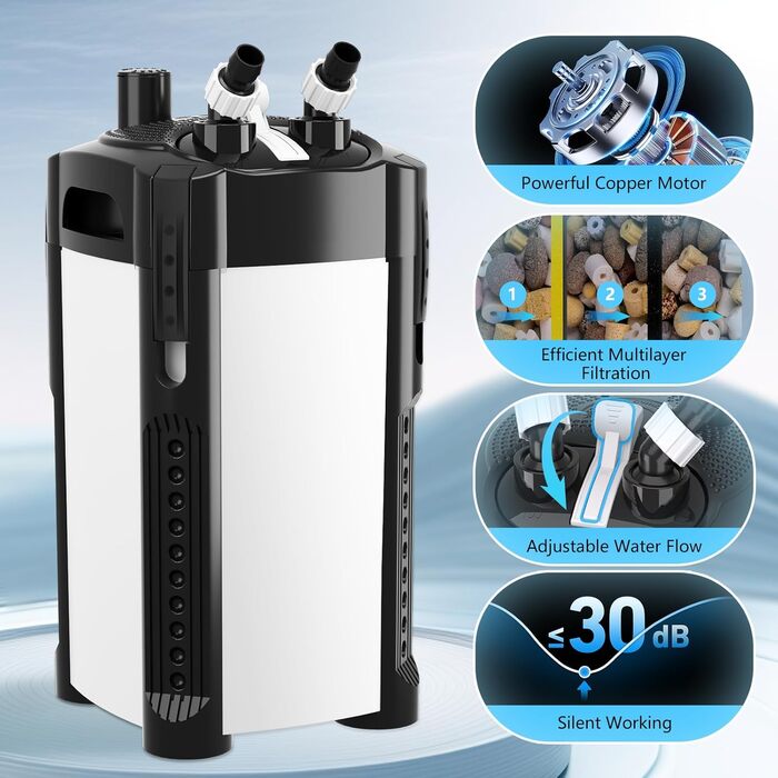 Зовнішній фільтр для акваріума AQQA, 1200 л/год, 3-ступенева фільтрація, тихий, до 250 л