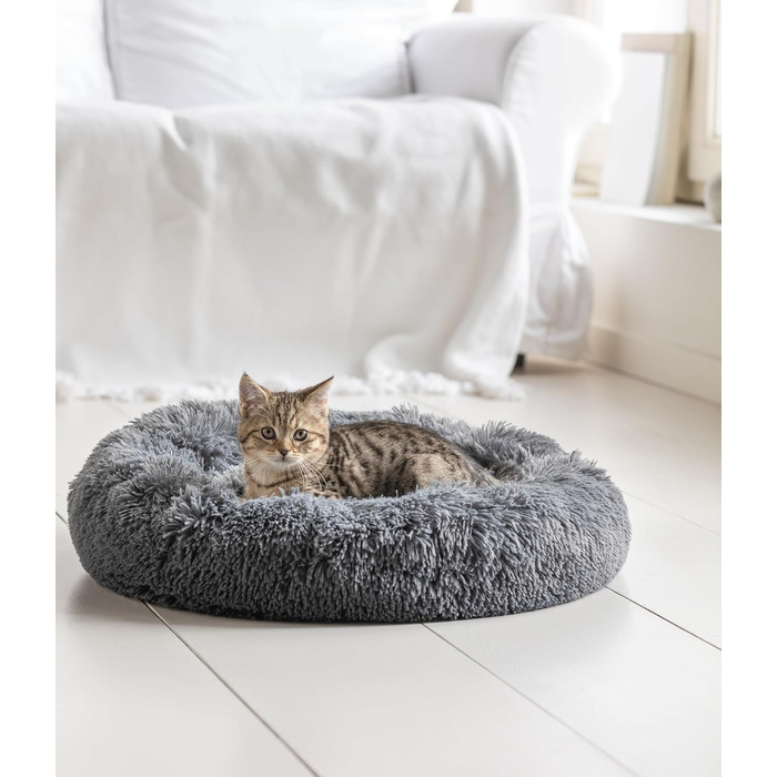 Ліжко для собак та котів Dehner Cookie, Ø 58 см, висота 14 см, поліестер/плюш, сірий