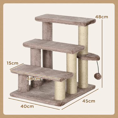 PawHut Cat Stairs Сходи для домашніх тварин для котів та собак 3 сходинки з кігтеточками Play Ball Plush Brown 45x40x48см для більшого комфорту