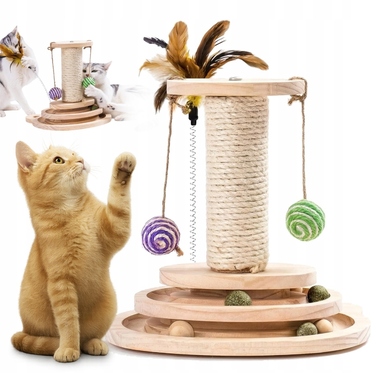 Інтерактивна дерев'яна іграшка-драбалка для котів з м'ячиком