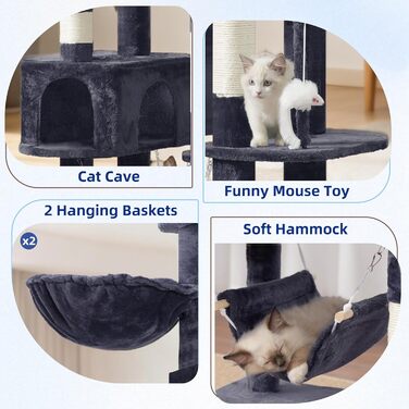 Великий котячий будиночок Kratzbaum: стабільний, 200 см, з платформами, гамаком та сизалевими стовпчиками (GCT031W, сірий)