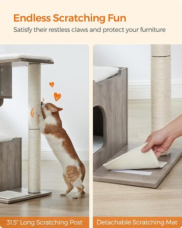 Котячий комплекс Feandrea WoodyWonders UPCT070G01, 86 см, сучасний котячий будинок-турнікет з 3 сидіннями, кігтеточка, мат, будиночок, 4 знімні пральні подушки, сіро-білий