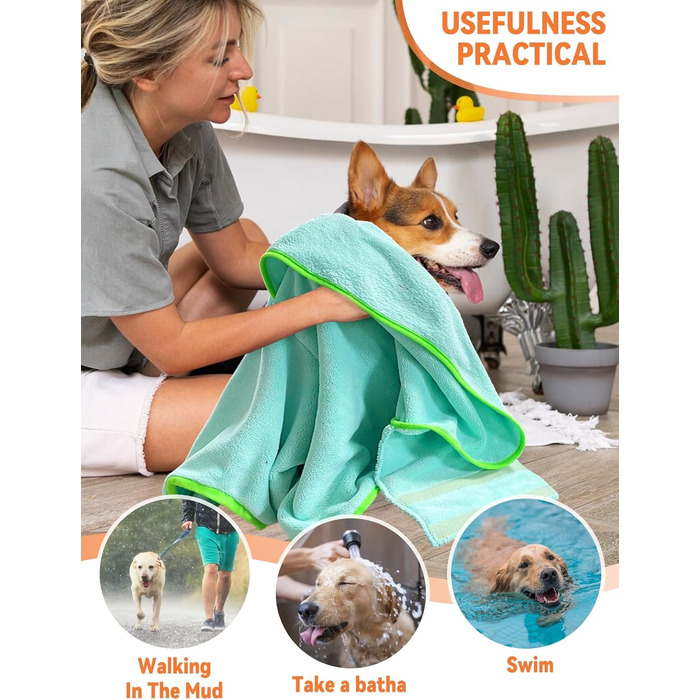 Рушник для собак JOOV E Dog Trockenmante: супер впитываючий, для купання, плавання, після прогулянки (зелений жаб, S, блакитний динозавр)