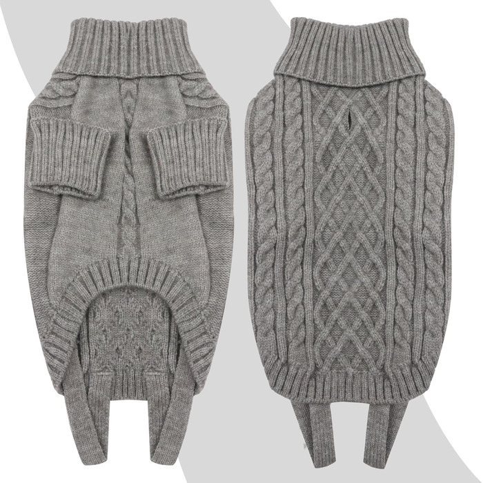 Теплий пуловер для собак середнього розміру з отвором для шлейки та петлями на ніжках, вязаний ролкраг. Підходить для Французького бульдога, Такси. Колір сірий, розмір L (Обхват грудей 54 см, довжина спини 40 см)