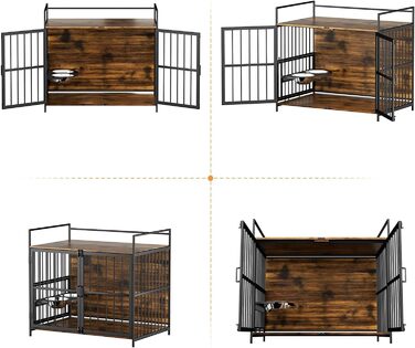 ROOMTEC Стильна велика собача клітка з 360° оглядом і регульованою підставкою для годування, 2 металеві миски, тумба для дому, розміри 104,1×61×91,4 см, класичний дизайн