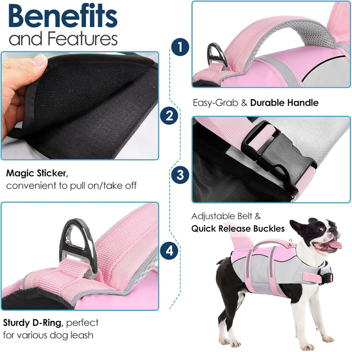 Світловідбиваюча рятувальна жилетка для собак AOFITEE, модель 'Акула', рожева, середній розмір