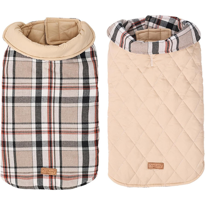 Зимовий одяг для собак, водонепроникна тепла куртка для малих, середніх та великих собак, для активного відпочинку на вулиці з отвором для повідка, двостороння куртка в клітинку, бежевого кольору, розмір L