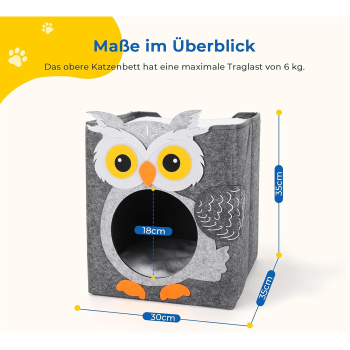 Двоповерховий будиночок для котів Dripex з фетру з подушкою, 30 x 35 x 35 см (Сова)