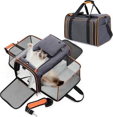 PETCUTE Транспортна сумка для кота та собаки, дихаюча переноска для собак, сумка-переноска з миючим килимком, розширювана сумка для собак з плечовим ременем, відкривається з 5 сторін, сірий+зелений (сірий+оранжевий)