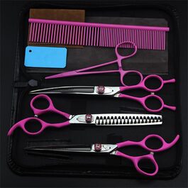 Набір ножиць для собак 7.0' 6 в 1: прямі, вигнуті, філірувальні ножиці, пінцет, гребінець. З нержавіючої сталі, рожевий. (16/36 зубів)