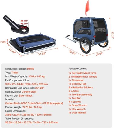 VEVOR Причіп для собак, вантажопідйомність до 45,4 кг, легкий, складна конструкція, універсальний кріплення, відбивачі, прапор
