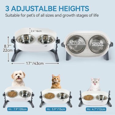 Підвищений годівниця для котів ALL FOR PAWS - 3-рівневий регульований підставка для мисок з 2 мисками з нержавіючої сталі (350 мл кожна), антиковзаюча та захищена від розливання, підходить для кошенят, середніх та великих котів (56 * 30 * 20 см)