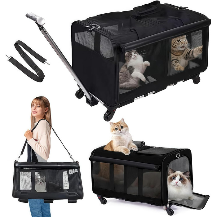 Рол-сумка для тварин з двома відділеннями, велика сумка-переноска для котів на колесах, чорна переноска для тварин до 15,9 кг, з супер вентиляцією та знімними колесами для 2 тварин
