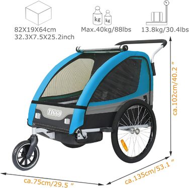 Дитячий причіп Tiggo 2 в 1: велосипедний причіп та біговий причіп для дітей, блакитний