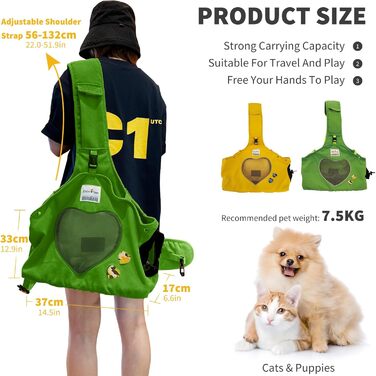PETCUTE Сумка-переноска для собак та цуценят, регульована, дихаюча, для прогулянок та активностей на свіжому повітрі (Зелена)