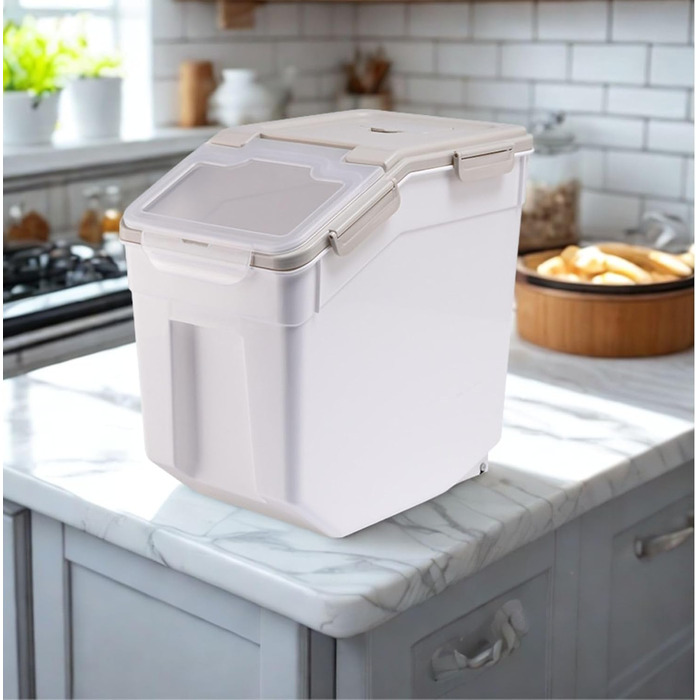 Контейнер для зберігання корму для собак, зерна, рису, борошна: вологостійкий, пластиковий, з кришкою-замком та колесами (сірий)