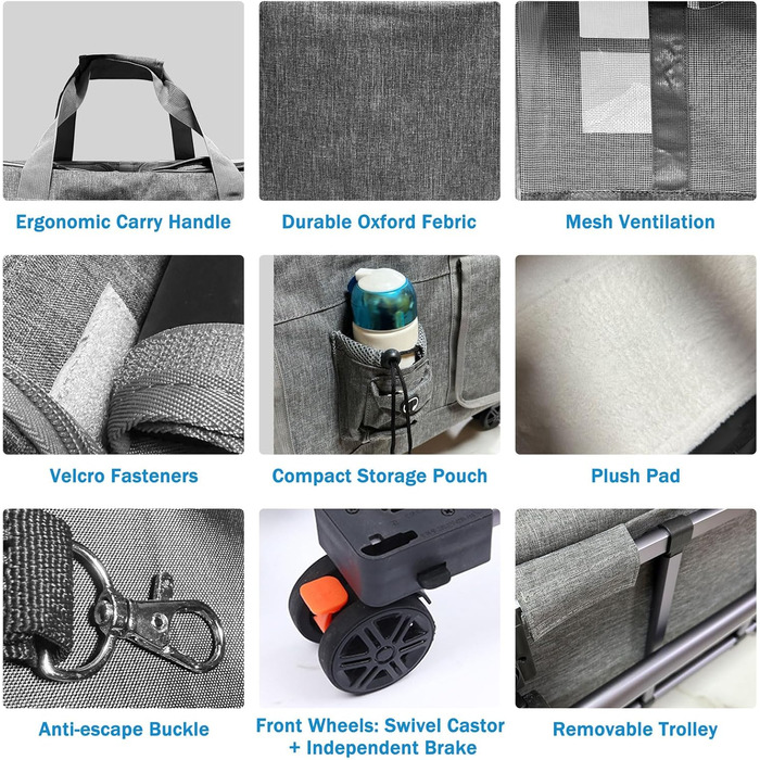 Транспортна переноска для котів та собак на 20 кг з 2 відділеннями, колесами та телескопічним ручками (сіра)