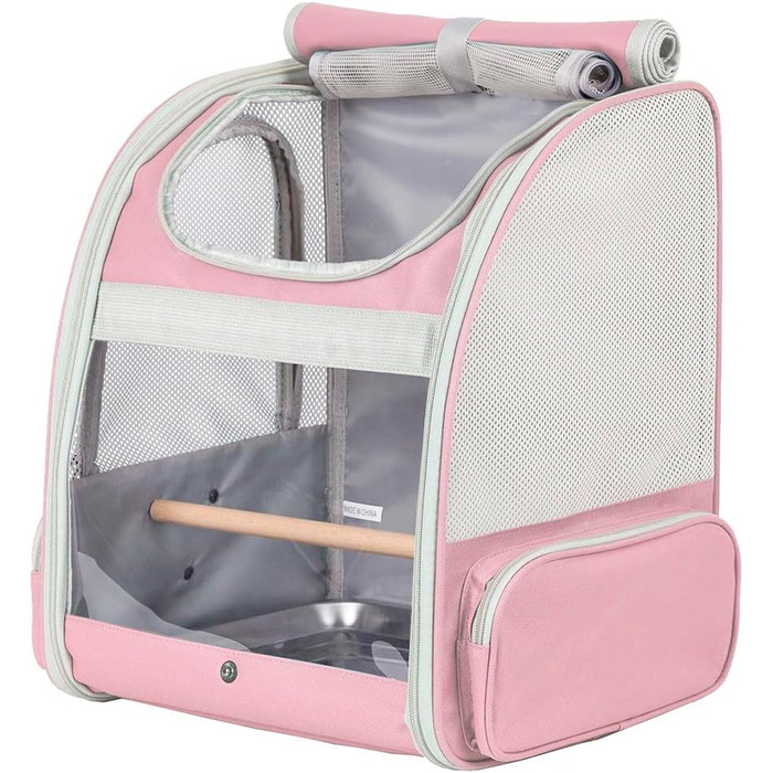 Транспортний бокс для папуг Orizzp з дерев'яною перекладиною та піддоном (рожевий)