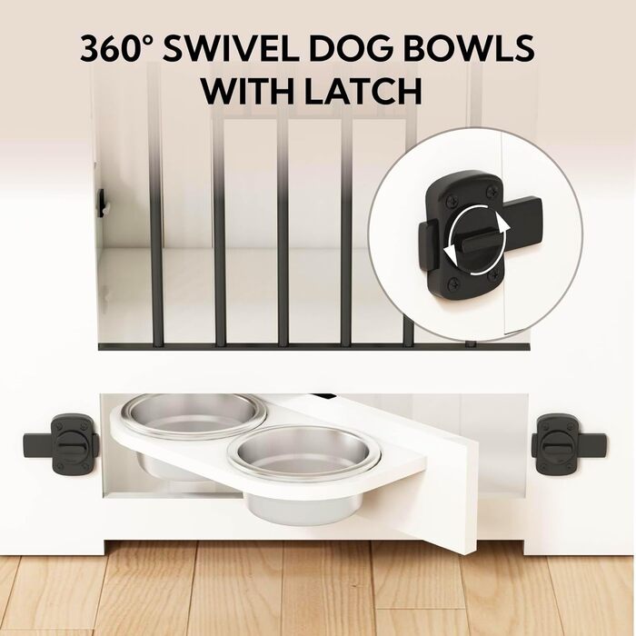 DAWNYIELD Клітка для собак, меблі для тварин, дерев'яний вольєр з відкриваючимся верхом, шухляда, меблевий стиль, внутрішній вольєр для собак, стіл з поворотним мисником на 360°, білий колір, ковзаюча дверцята білого кольору