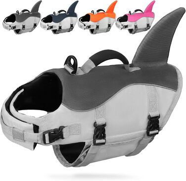 AMZNOVA Жилет для плавання собак 'Shark', з плавниками та хвостом акули, рятувальний жилет для собак, для катання на човні, допомога у плаванні, L, Сірий (66-81 см)