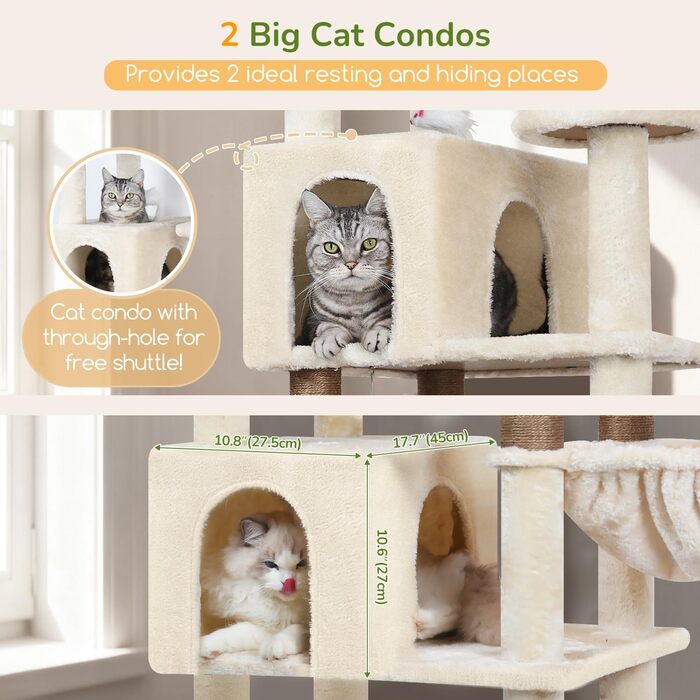 Кігтеточка та ігровий комплекс для великих котів, 209 см XXL, бежева, з 2 будиночками, великою платформою, 3 корзинами та 8 стовпчиками з сизалю, Globlazer
