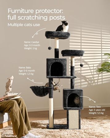 Котячий дряпак FourFurPets 156 см для дому з сизалевою драбиною, двома платформами, двома будиночками, гамаком і плюшевими м’ячиками, димчасто-сірий