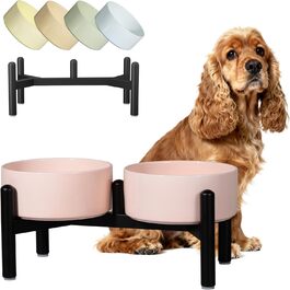 Керамічна годівниця для собак на підставці з нержавіючої сталі - стильний подвійний набір мисок для корму та води для маленьких та середніх собак - неслизький набір мисок для собак - 350г / 600мл - 15см - Рожевий