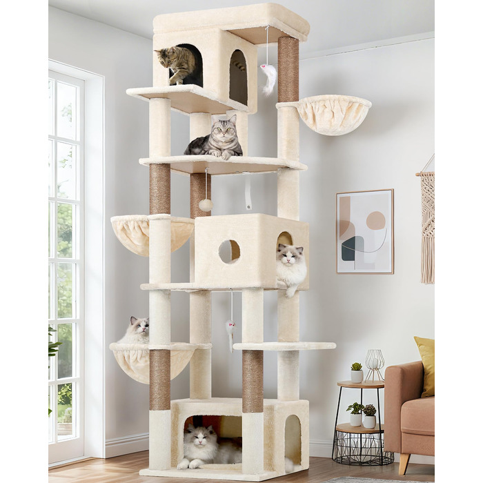 Драбина для котів Globlazer Beige XXL 204 см з 3 будиночками, 2 платформами, 3 м'якими кошиками. Стабільна для 3-5 котів.