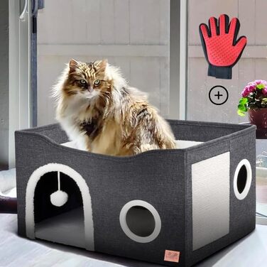 Складаний котячий будиночок B-WaynFlex, двошарова кубічна котяча хатка з великим простором, лежанка для котів з кігтеточкою та іграшковим м’ячем, для малих і середніх домашніх тварин, для дому, з рукавичкою для догляду за шерстю котів і собак