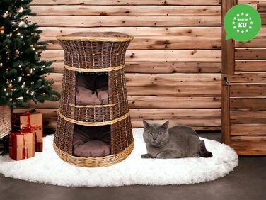 Корзина для котів для сну – котяча хатинка для дому – розмір 43 x 49 x 70 см, кругла – котяча печера з лози, трирівневе ліжко для собак або котів з пральними подушками в бежевому кольорі – лакована корзина (коричневі подушки)
