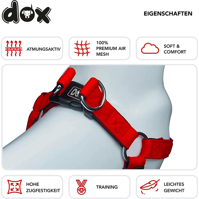 Регульована шлейка для собак і котів DDOXX Air Mesh, м'яка, червона, розмір M – прогулянкова амуніція для малих, середніх і великих порід