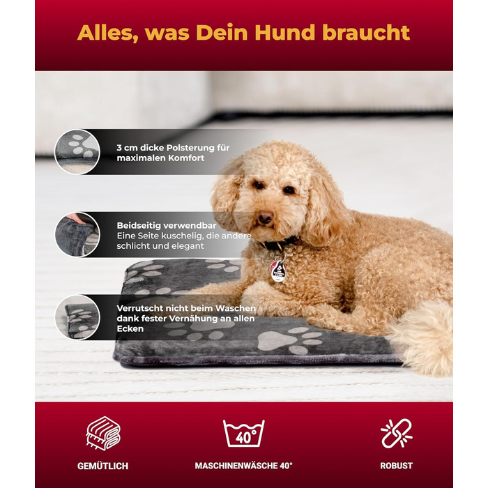 Лежак для собак HS-Hundebett® 65x95 см, двосторонній, м'який, антрацит, для дивана, авто та переноски, 3 см наповнювач, вироблено в Німеччині