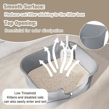 Відкритий лоток для котів Pawsayes з високими бортиками та низьким порогом, захист від розбризкування наповнювача, сірий колір