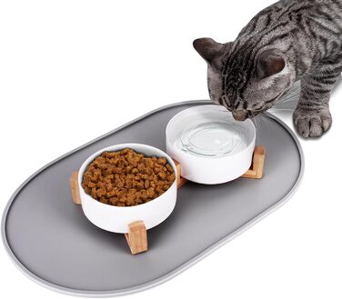 Набір мисок для котів 2 шт. з кераміки з підставкою з бамбука та силіконовим килимком - 2 x 400 мл