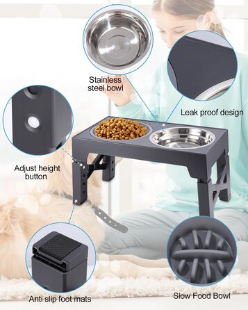 Підвищена годівниця для собак Тоарен, 2 миски з нержавіючої сталі, регульована висота, для великих, середніх та маленьких собак