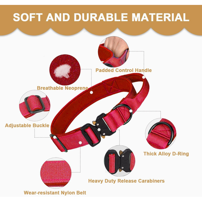 Нашийник для собак Vivi Bear тактичний, регульований, з контролем, нейлон, неопрен, для великих собак, червоний, розмір L