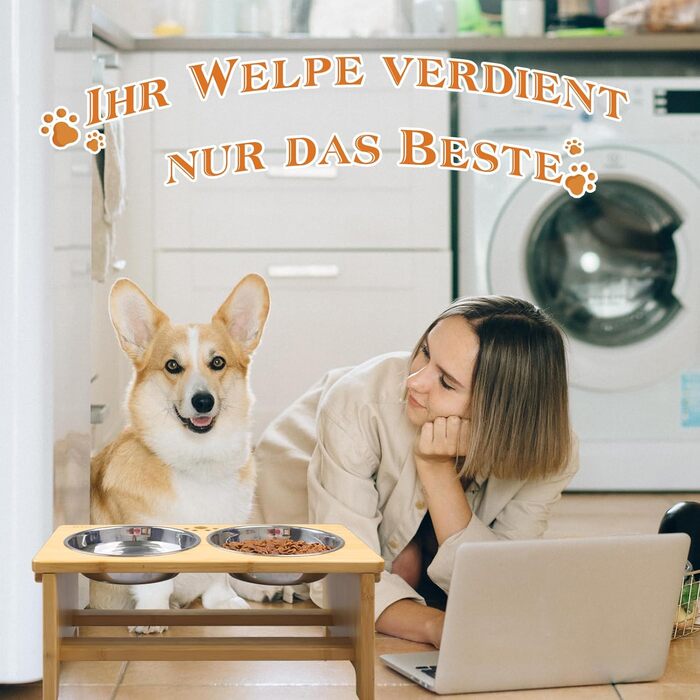 Підвищені годівниці для собак HTB, бамбук, 2 нержавіючі миски, 44x24x18 см, 18 см висота, для собак середніх та великих порід
