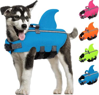 Жилет для плавання для собак AOFITEE з плавниками акули, регульований, з ручкою рятування, світловідбиваючий, синій, для малих та середніх собак