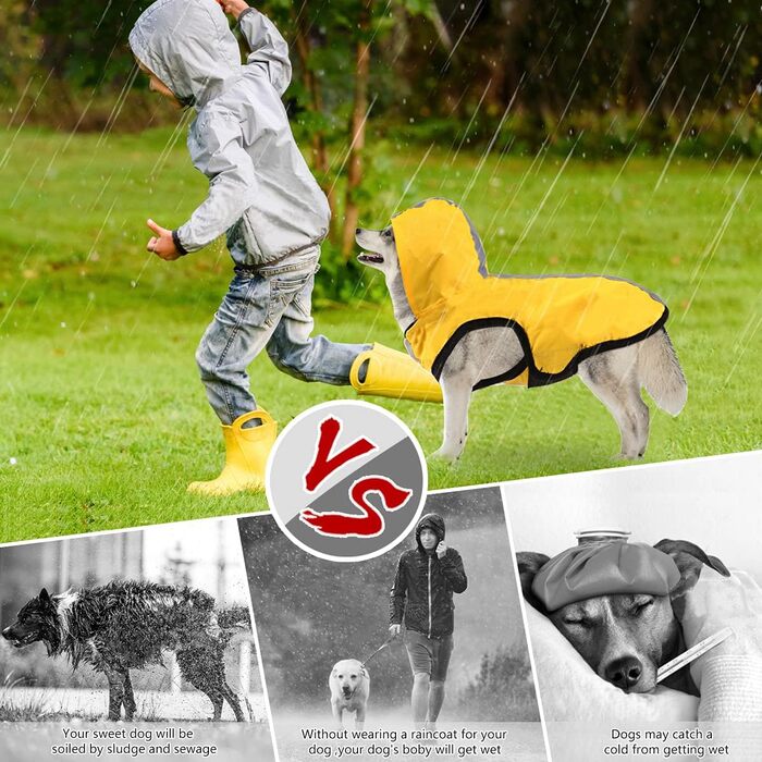 Водонепроникна куртка-комбінезон 2-в-1 для собак Idepet, Легкий дощовик з капюшоном, Дихаючий дощовик з капюшоном та світловідбиваючими смугами для малих, середніх та великих собак (M, Жовтий)