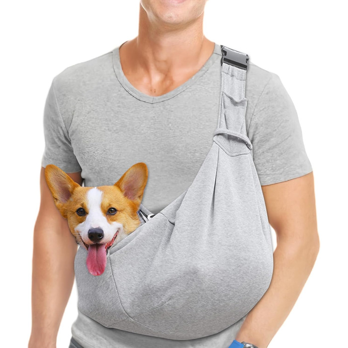 Сумка-переноска для собак, регульований плечовий ремінь, переноска для домашніх тварин, для маленьких собак та котів, для прогулянок, вантажопідйомність до 7.5 кг (Сіра)