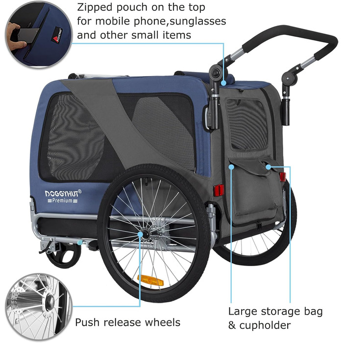 DOGGYHUT® Преміум XL 2 в 1: велосипесний причіп для собак та візок-перевертач, 23-45 кг, зелений лимон (блакитний)