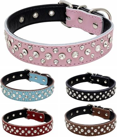 Нашийник для собак Haoyueer з блискітками, регульований, з кристалами, з натуральної шкіри, для собак малих та середніх порід (L, Чорний)