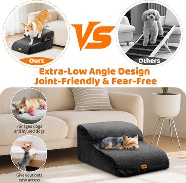 Сходинка для собак Gimars з 30D піною, широка та стійка, 3 сходинки, 40 см, знімний та пральний чохол, неслизьке дно, портативна рамка для маленьких собак до дивану, ліжка, авто (2 сходинки, чорний)