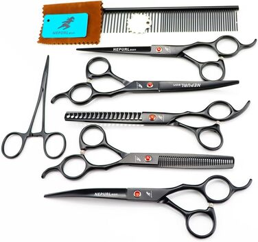 Набір професійних ножиць для грумінгу тварин - прецизійний зріз, ножиці для розрідження та прямі/вигнуті ножиці для собак та котів - 6 предметів (Schwarz)