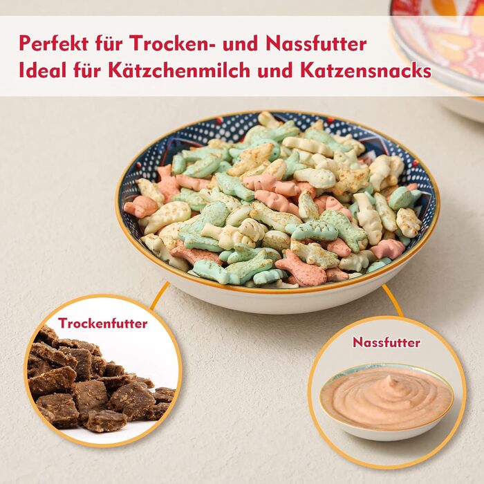 Набори мисок для котів з кераміки Katzennäpfe - 6 шт. - 250 мл - для корму - кольорові - широкі, плоскі, зручні для котів - можна мити в посудомийній машині