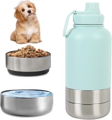 Поїлка для собак на прогулянці 950 мл – ізольована сталева поїлка з мискою для їжі та води, портативна, BPA-free, для подорожей, прогулянок та активного відпочинку (Світло-блакитний, L)