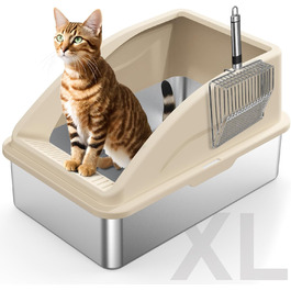 FURTIME туалет для котів із нержавіючої сталі з кришкою, XL, велика металева котяча туалетна з високими бортами, антипригарне покриття, легке очищення, захист від протікання сечі
