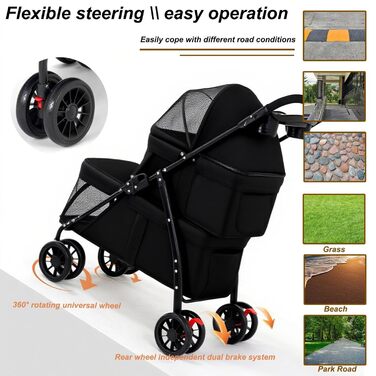 Подвійний візок для собак середніх та маленьких порід, котів, до 22,7 кг, універсальні колеса на 360°, легкий, складається в одну руку, для кошенят, цуценят, дитячий візочок для тварин (подвійний)