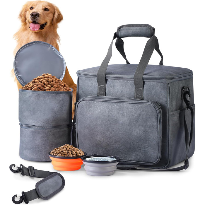 Лававін Чорна дорожня сумка для собак та котів, дорожній набір, з контейнерами та мисками, сіра